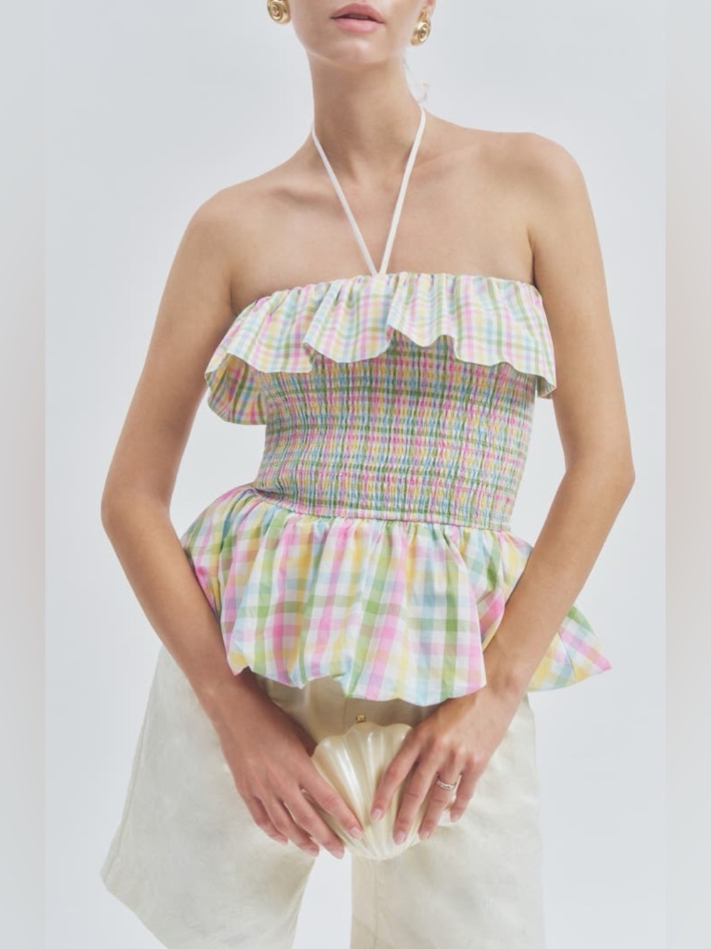 MAUDE CLUB Goldie Smocked Plaid Halter Peplum Top in Pastel Gingham size S NWT